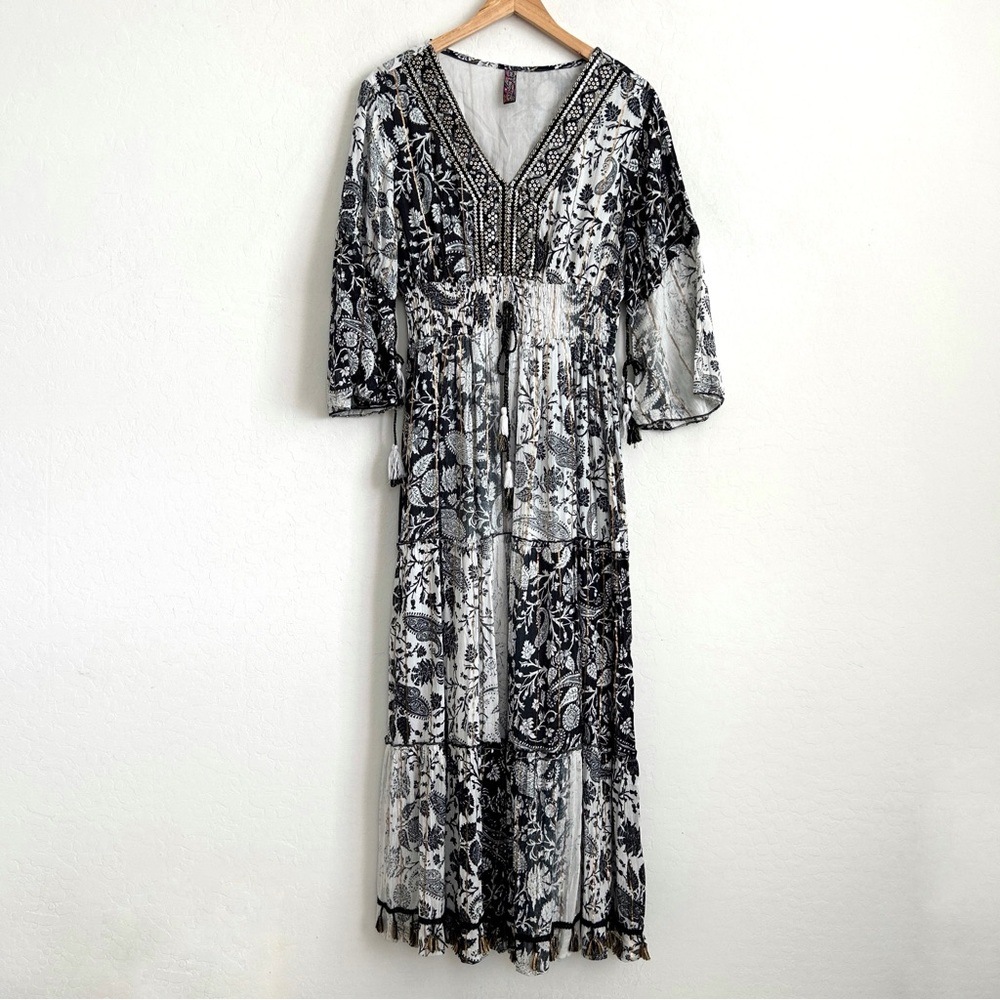 Anthropologie/Me 2 Magic Dress XL Maxi Tiered Flare Sleeve Paisley Black White - Picture 2 of 11